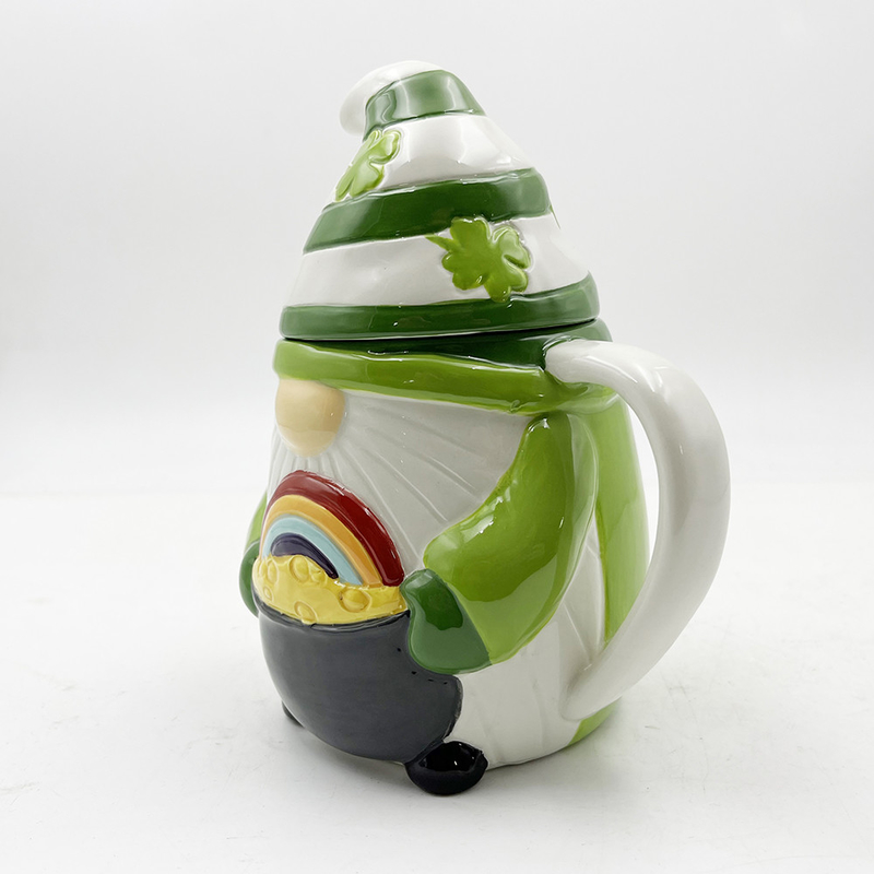 Custom Creative 3d Christmas Ceramic Mugs Spring Gnome Green Color Decorations With Lid
