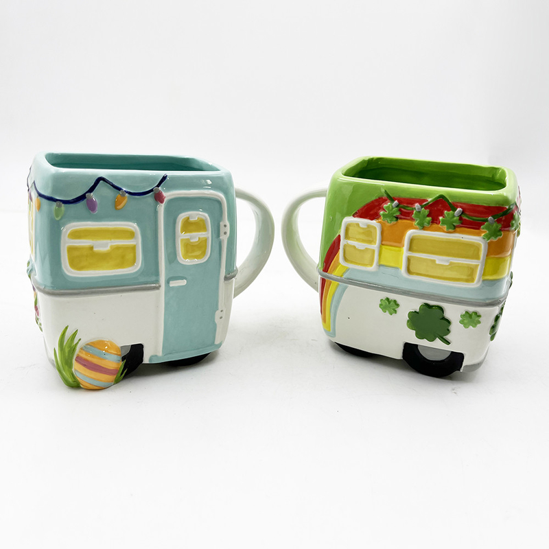 16oz Personalized Present Kids Folk Art ceramic Material Coffee Mug Bus Cartoon Cup For Hot Drink