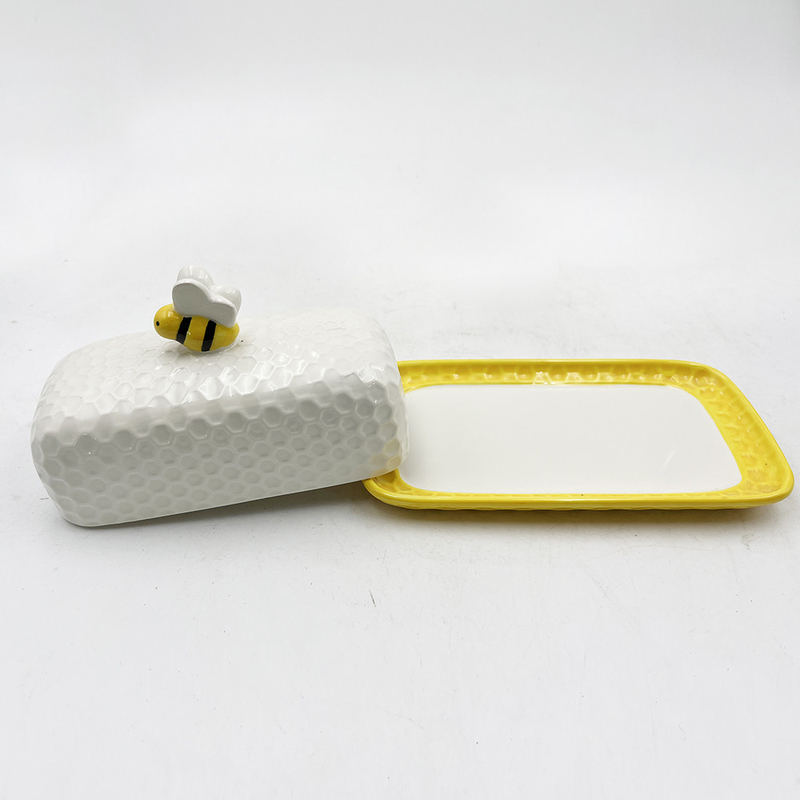 Colorful Porcelain Butter Keeper Butter Dish With Lid White Plate With Bee Cover Ceramic Tray Custom Color