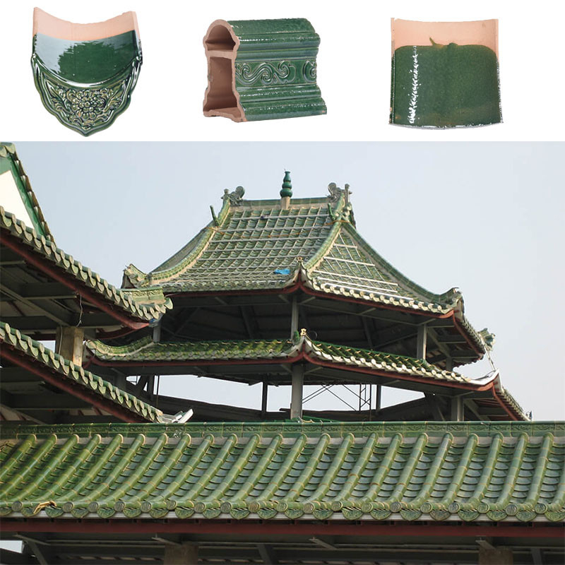Chinese Glazed Ceramic Roof Tile 180*180mm Vibrant Green Glaze Weatherproof For Pagoda Roofs
