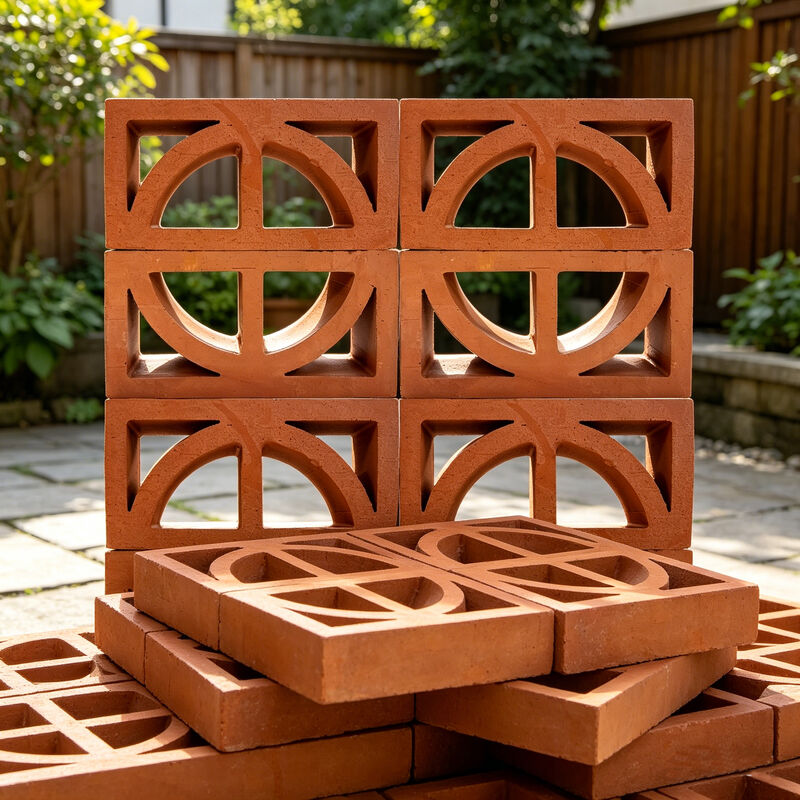 Natural Terracotta Ventilation Block Decorative Red Clay Breeze Block with Semicircle Cutout for Garden Privacy Walls Facades