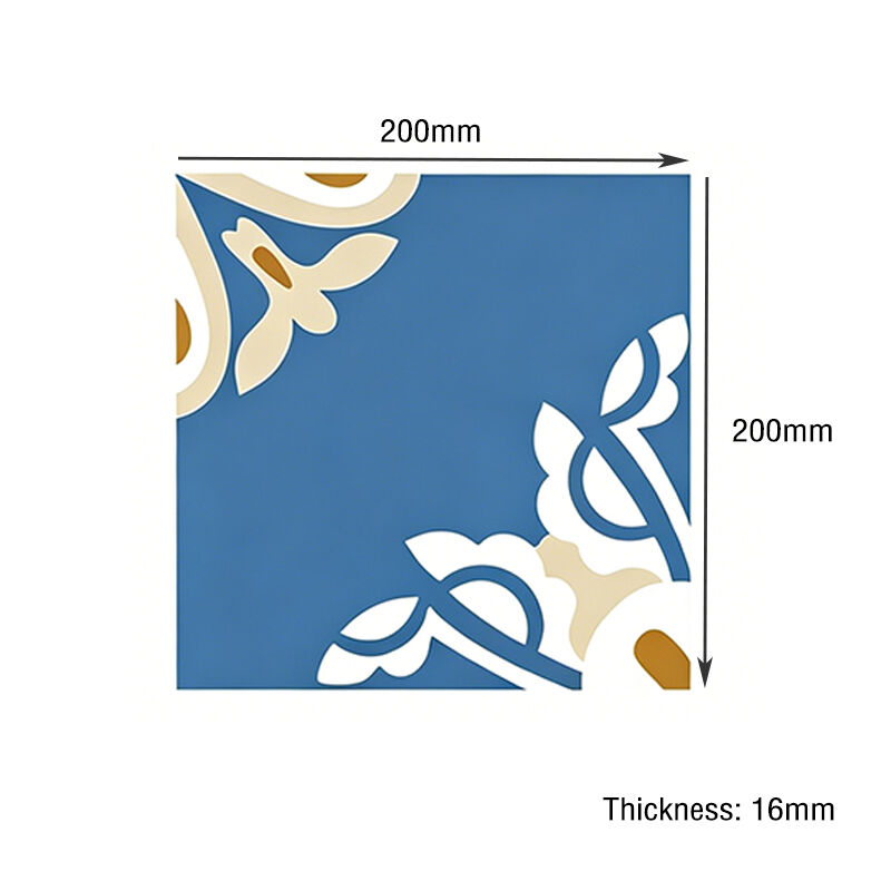 200x200mm Handmade Blue Floral Cement Tile Encaustic Tile for Kitchen Backsplash Bathroom Floor Non-slip for High Traffic Areas