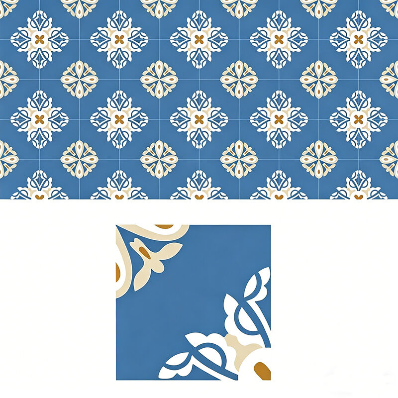 200x200mm Handmade Blue Floral Cement Tile Encaustic Tile for Kitchen Backsplash Bathroom Floor Non-slip for High Traffic Areas