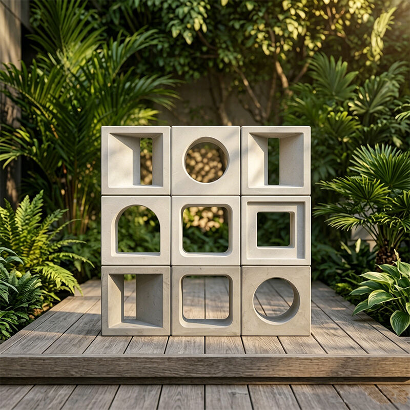 White Concrete Breeze Blocks with Circular Cutout Round Hollow Cement Screen Blocks for Indoor Tea Room Privacy Partition