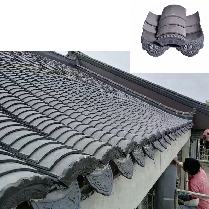 Traditional Chinese Grey Clay Roof Tiles Set with Decorative Eaves Antique Asian Curved Roof Tiles for Pagodas & Temples