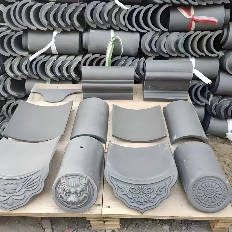 Traditional Chinese Grey Clay Roof Tile System Set Curved Cap, Flat Pan Tile, Eaves Dripping & Ridge Tiles for Asian Architecture