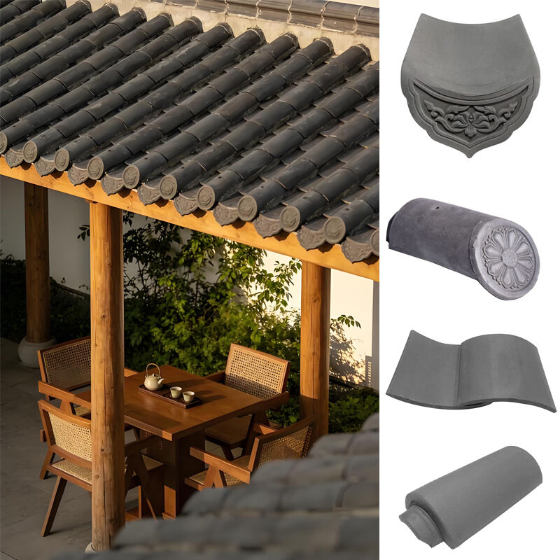 Grey Ceramic Chinese Roof Tiles Full Set Decorative Eaves Tiles & Barrel Caps for Tea House Outdoor Landscape Architecture