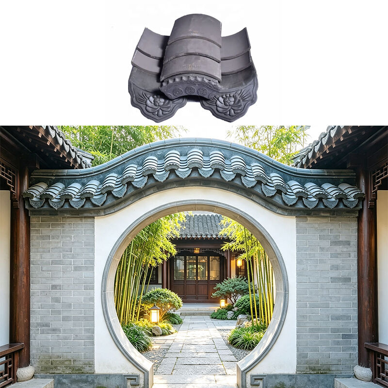 Grey Antique Asian Roof Tile Set for Moon Gate Wall Crowns Carved Eaves Edge Tiles for Zen Garden Arches & Gateways