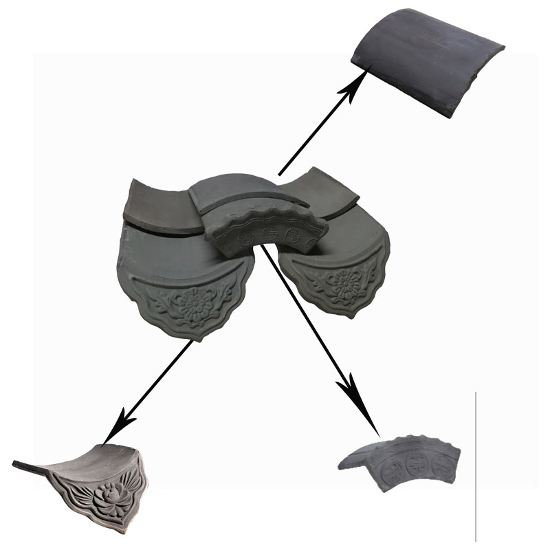 Grey Antique Asian Roof Tile Set for Moon Gate Wall Crowns Carved Eaves Edge Tiles for Zen Garden Arches & Gateways