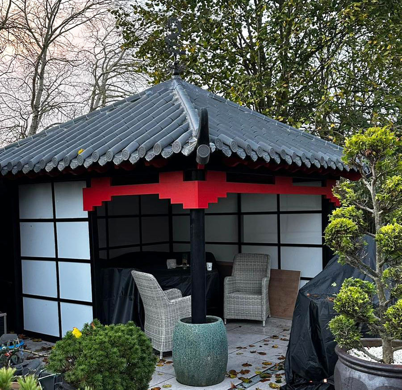 Japanese & Chinese Style Outdoor Tea House Pavilion Cozy Courtyard Gazebo with Hip Roof Tile System & Upturned Eaves