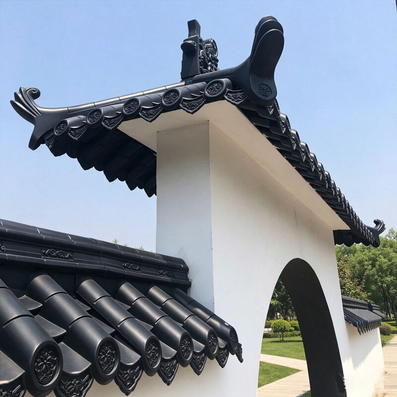 Lightweight PP Synthetic Chinese Roof Tiles Plastic Antique Roof Top Set with Upturned Corners for Storefront & Pavilion