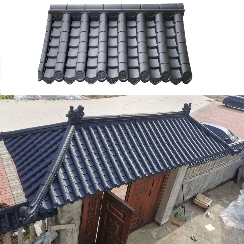 Lightweight PP Synthetic Chinese Roof Tiles Plastic Antique Roof Top Set with Upturned Corners for Storefront & Pavilion