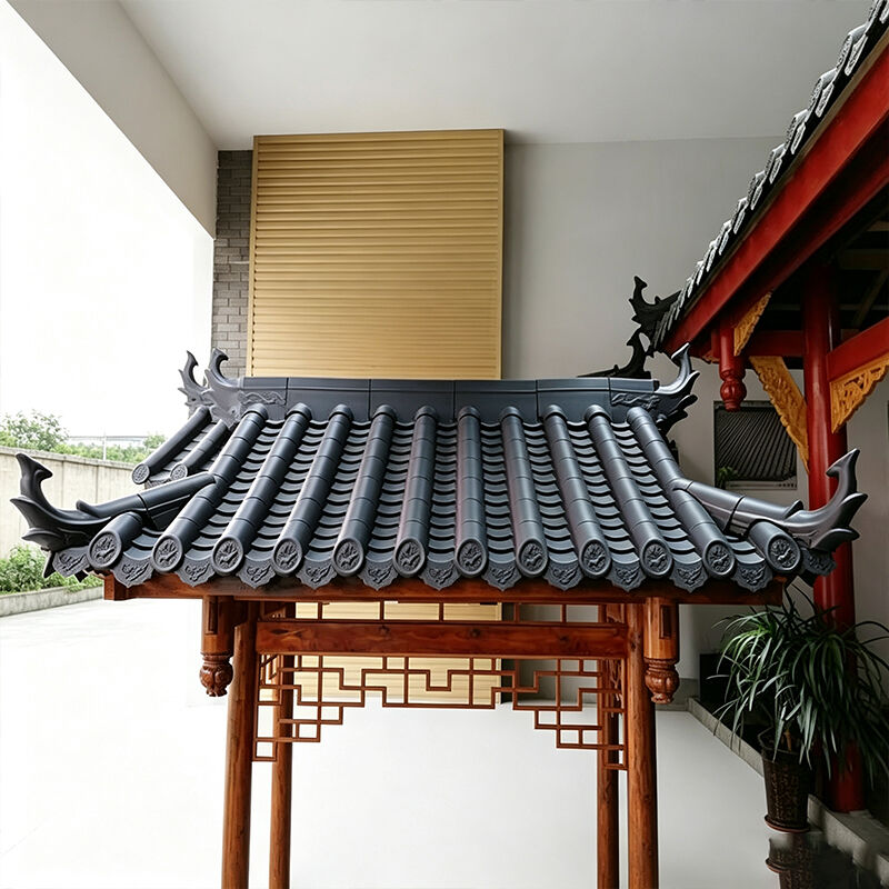 Plastic Asian Style Roof Tiles Kit Polymer Dark Grey Tiles with Roof Caps & Decoration for Entryway Canopy Garden Gates Porticos