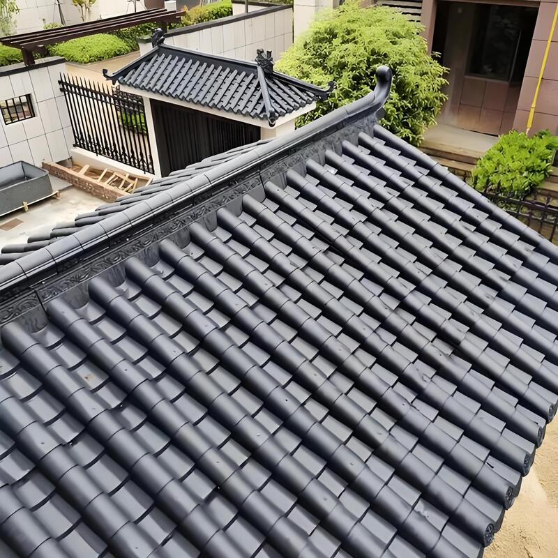Ornamental Dark Grey PP Asian Wave Roof Panels Antique Synthetic Chinese Barrel Tile Sheeting with Floral Eaves
