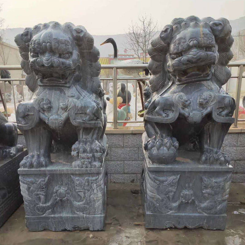 Chinese Marble Stone Lion Statues Grey Plaza 120cm Stone Garden Animal Statues