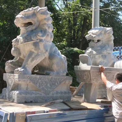 Chinese Grey Palace Stone Lion Statues Plaza Hand Carved Marble Lion Sculpture
